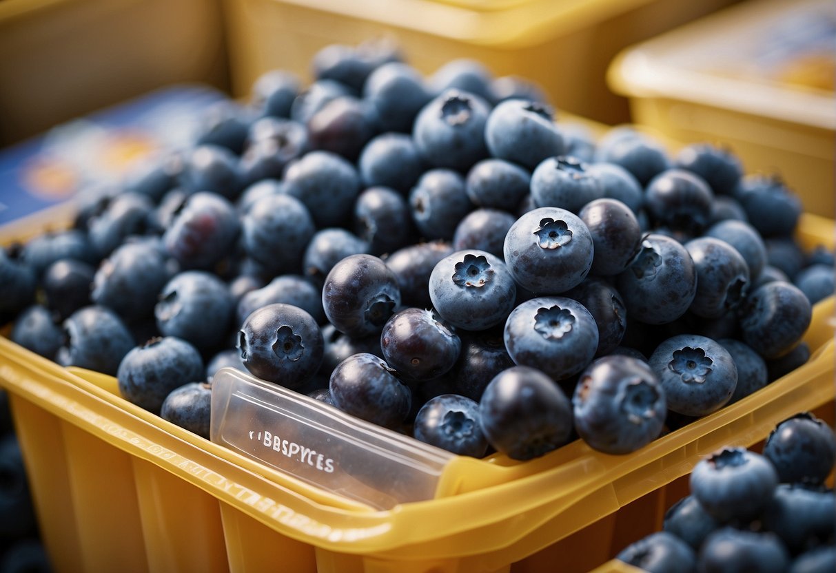 A pile of fresh blueberries spills from a Costco container, surrounded by warning labels and nutrition information