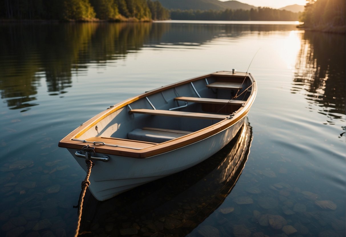 A boat glides across calm water, anchored near a shoreline. Fishing rods are positioned along the sides, ready for action. The sun is shining, and the air is filled with the sounds of nature