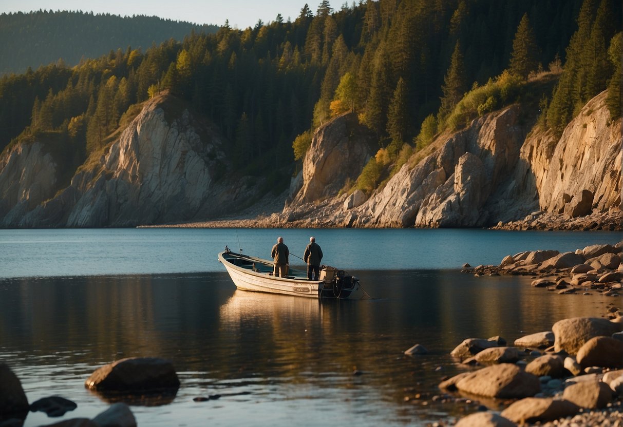 A fishing boat drifts near a rocky shoreline, with a fisherman casting towards the shallows. The water is calm, and the sun is low in the sky, indicating early morning or late evening