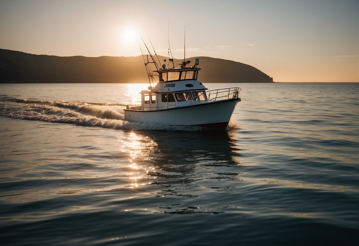 A fishing boat glides through calm waters, its bow pointed towards a rocky shoreline. The sun casts a warm glow on the water as the boat's motor hums softly