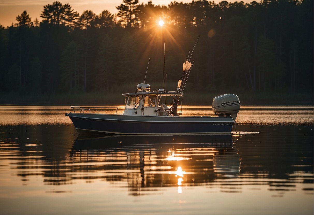 A boat is anchored in a calm lake, with fishing rods and tackle boxes scattered across the deck. The sun is setting, casting a warm glow on the water