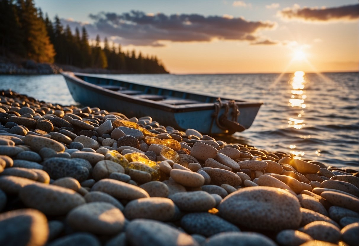 A boat drifts near a rocky shore, casting lines into the water. The sun sets behind them as they fish for spring walleye