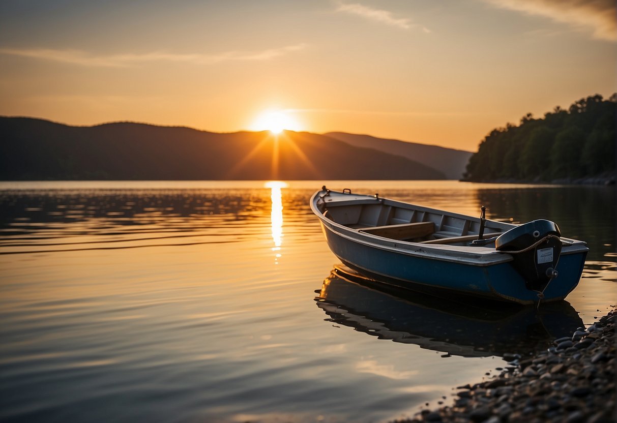 A boat floats on calm water, positioned near a shoreline. Fishing rods are set up, and the sun is rising, casting a warm glow over the scene