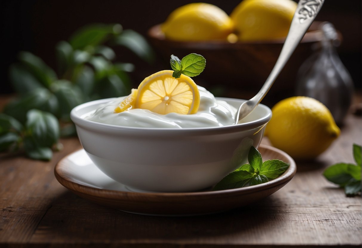 A bowl of yogurt with lemon slices on top, a spoon mixing the two together