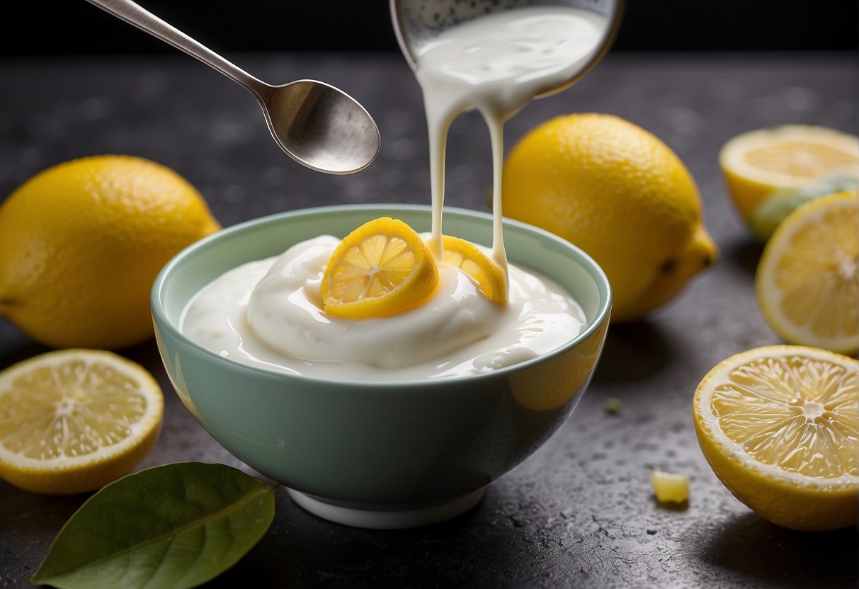 A lemon being squeezed into a bowl of yogurt, with a spoon mixing the two together