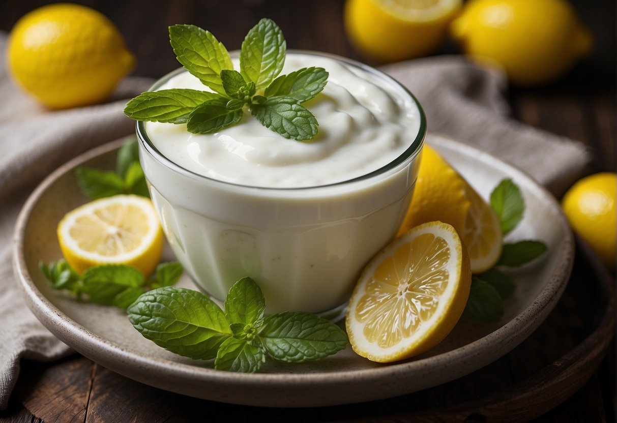 A bowl of creamy yogurt with a drizzle of lemon on top, surrounded by fresh lemon slices and a sprig of mint for garnish