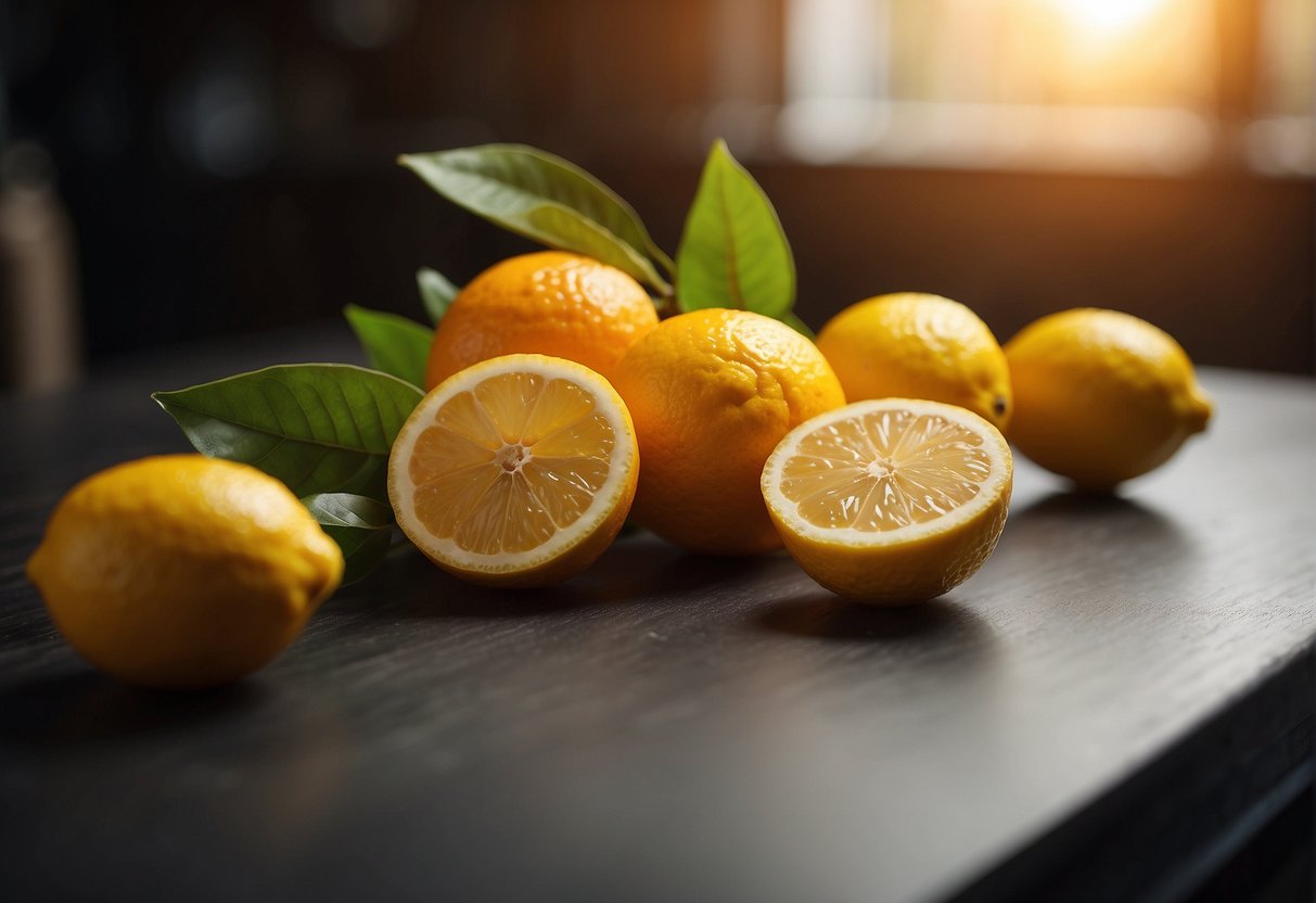 Lemon and orange sit on a table, ready to be mixed. Nutritional facts hover in the background