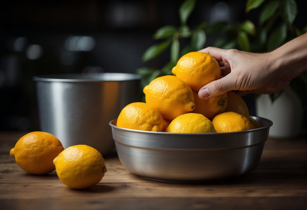 Lemon and orange sit next to each other, with a mixing bowl in the background. A hand reaches for a storage container
