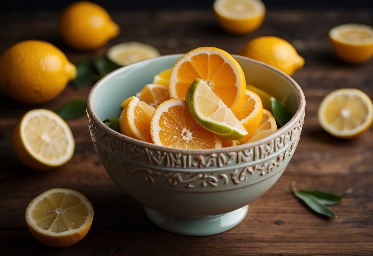 A bowl with a sliced lemon and orange, surrounded by question marks