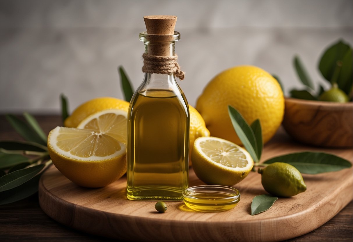A bottle of olive oil and a lemon on a wooden cutting board, with a small dish of lemon juice next to it