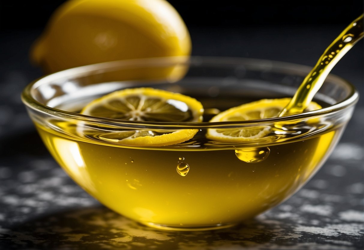 Lemon juice and olive oil are being mixed together in a clear glass bowl. The liquids are swirling together, creating a marbled effect