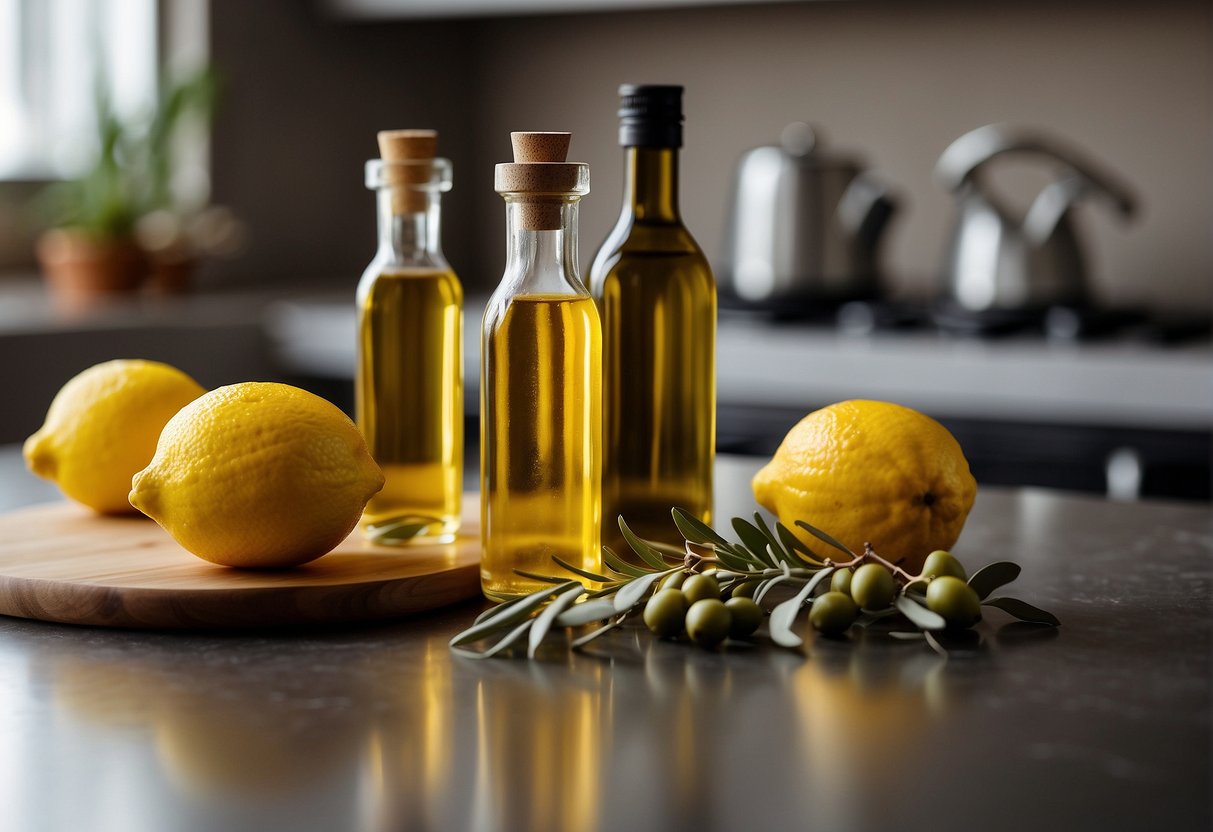 Lemon and olive oil bottles beside each other on a kitchen counter