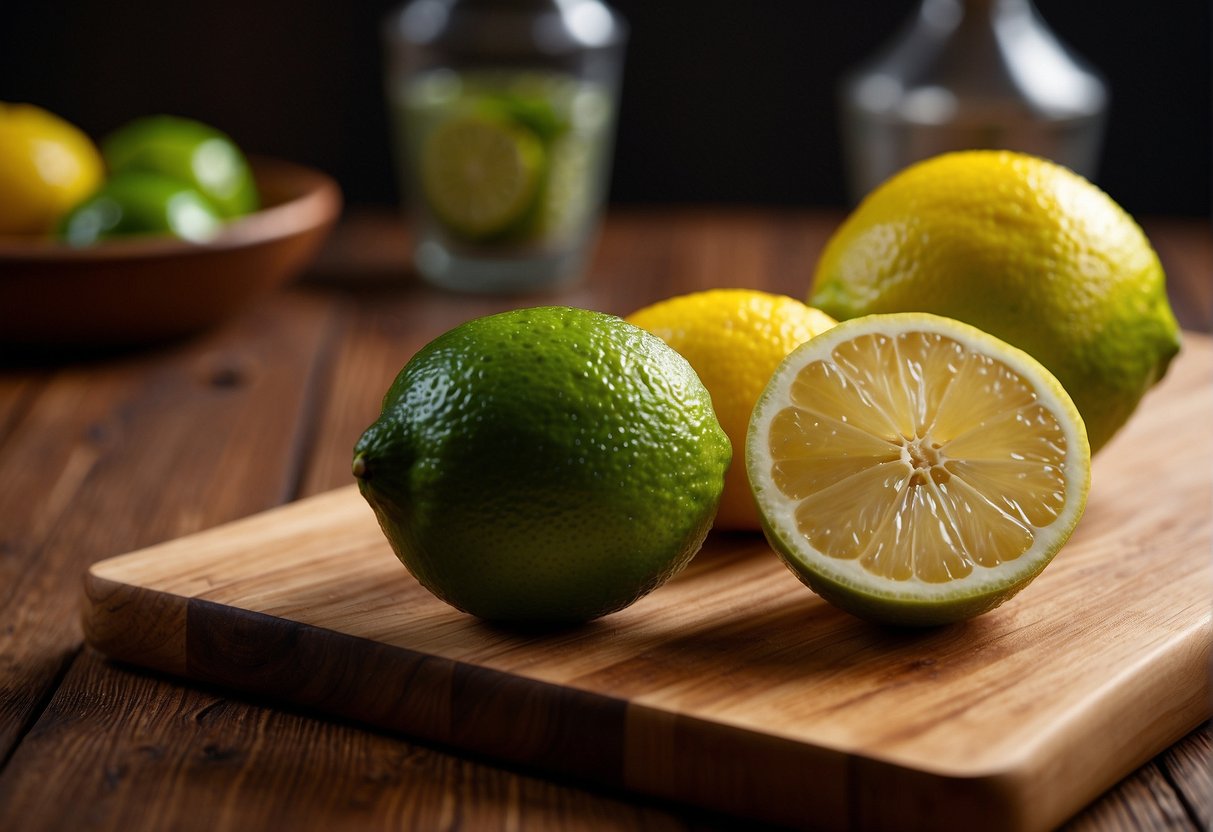Lemon and lime sit side by side on a wooden cutting board, ready to be sliced and mixed together for culinary uses and recipes
