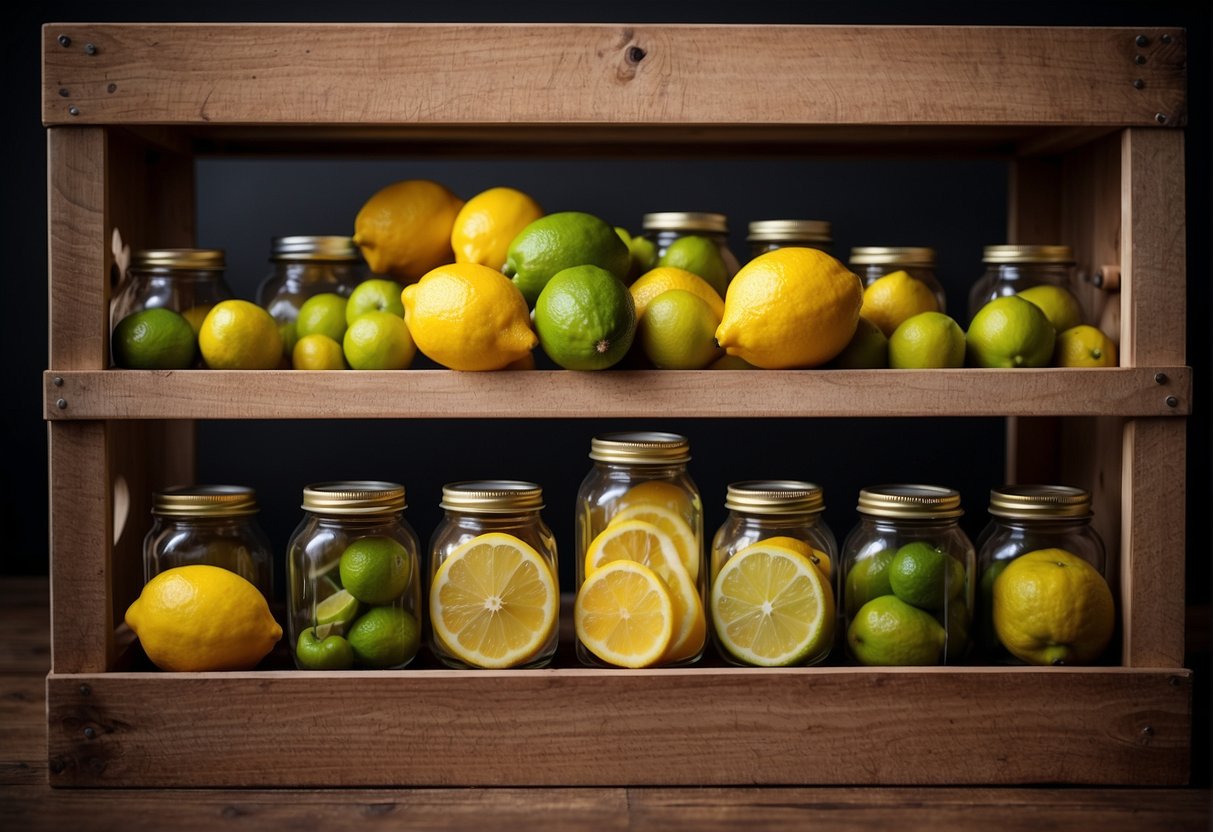 Lemon and lime fruits are neatly arranged in a wooden crate, surrounded by jars and containers for preservation and storage