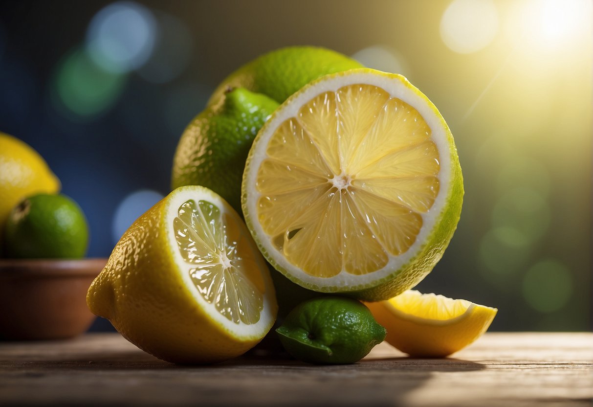 Lemon and lime sit side by side, their vibrant colors contrasting against each other. A thought bubble hovers above, with question marks and a mix of opinions floating inside