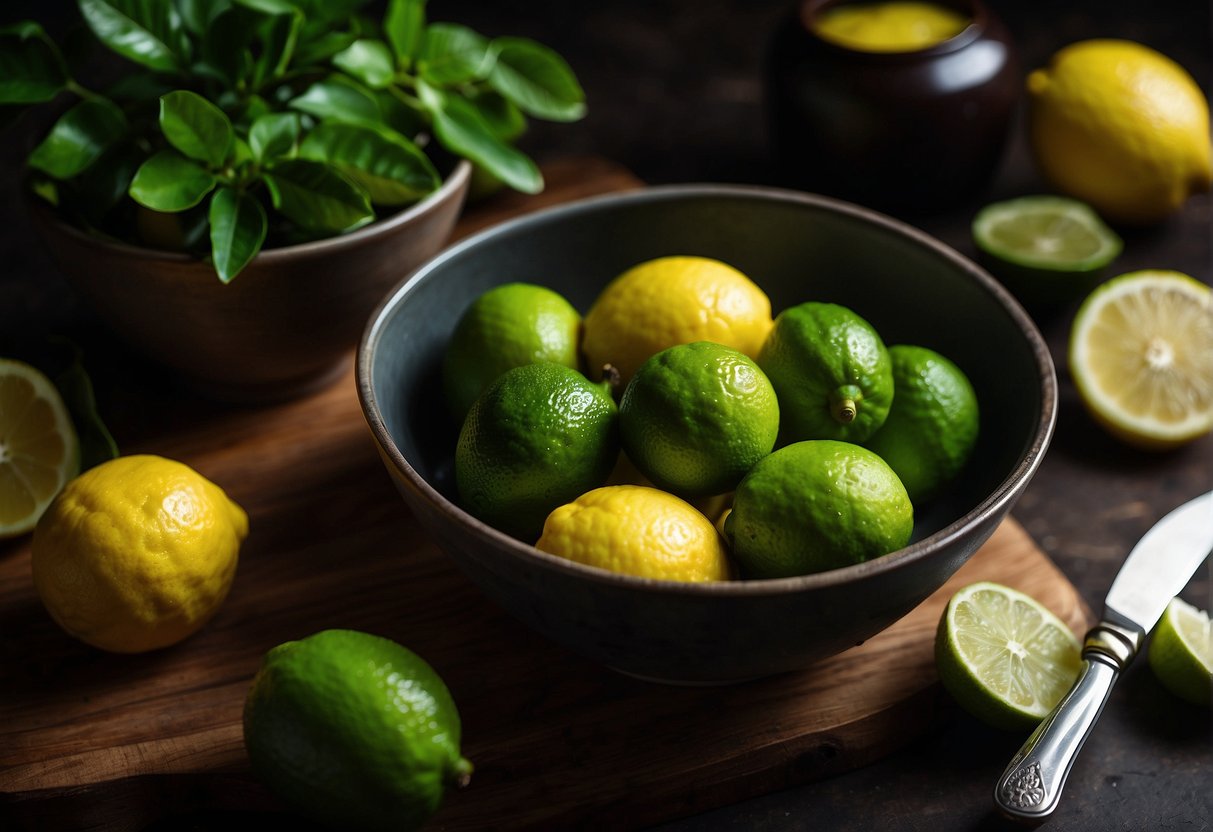 A bowl of lemons and limes, with a knife nearby