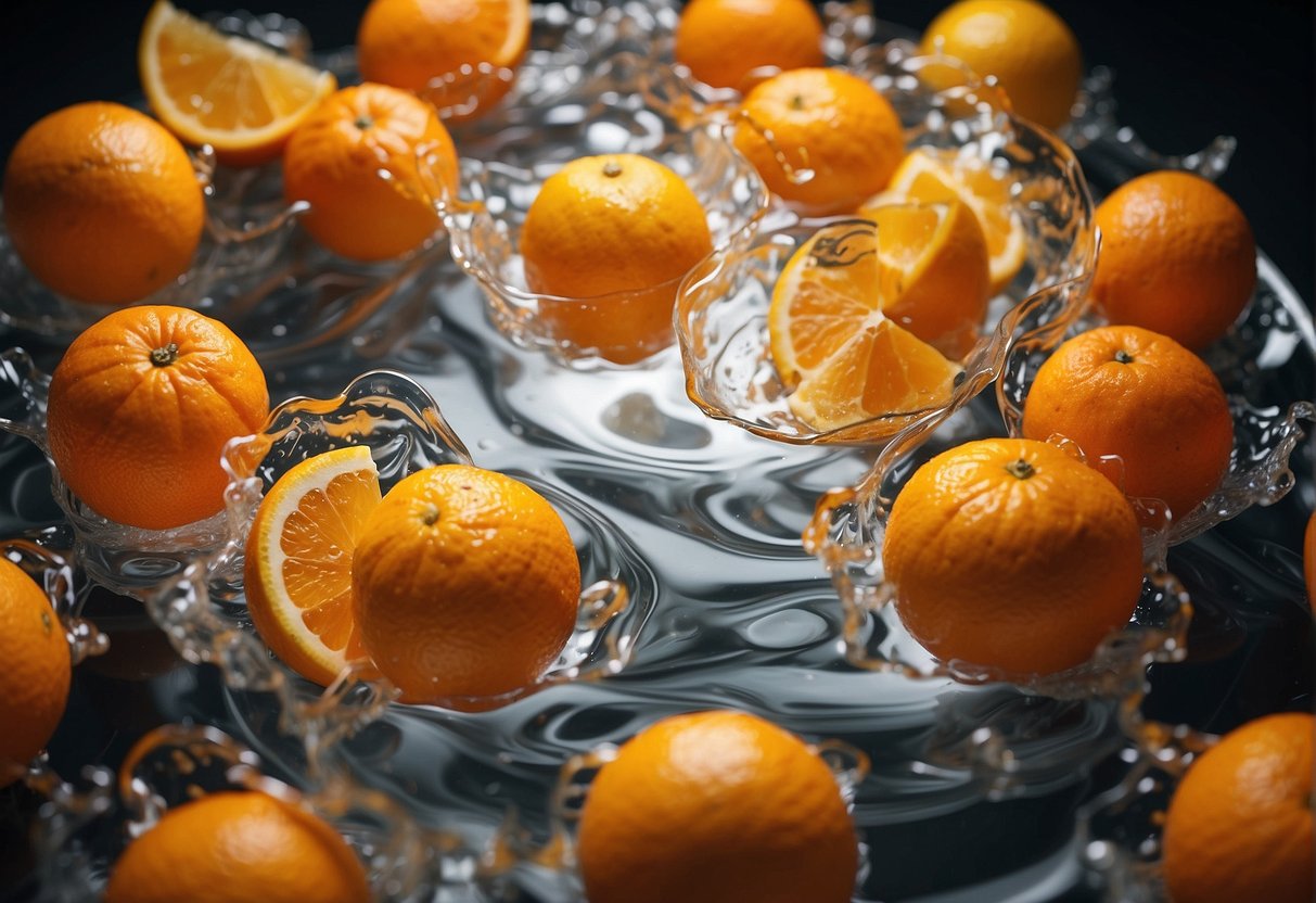 Oranges and milk swirling in a glass, creating a marbled pattern