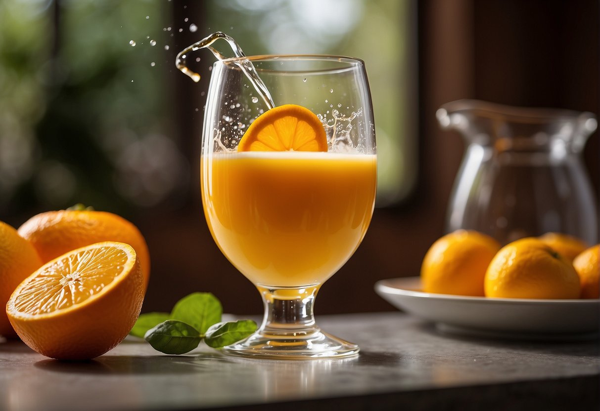 A glass of fresh orange juice being poured into a bowl of creamy milk, with a spoon and a splash of color in the background