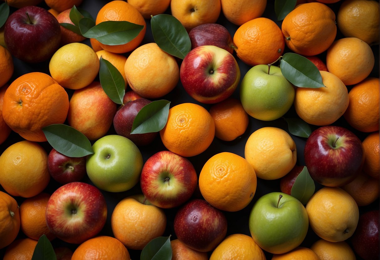 Oranges and apples, arranged in a colorful pile, ready to be mixed in a bowl for culinary use