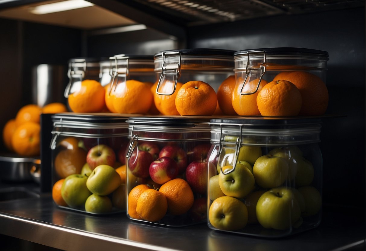 Oranges and apples are mixed in airtight containers in a cool, dark pantry. A dehydrator sits nearby, preserving sliced fruits