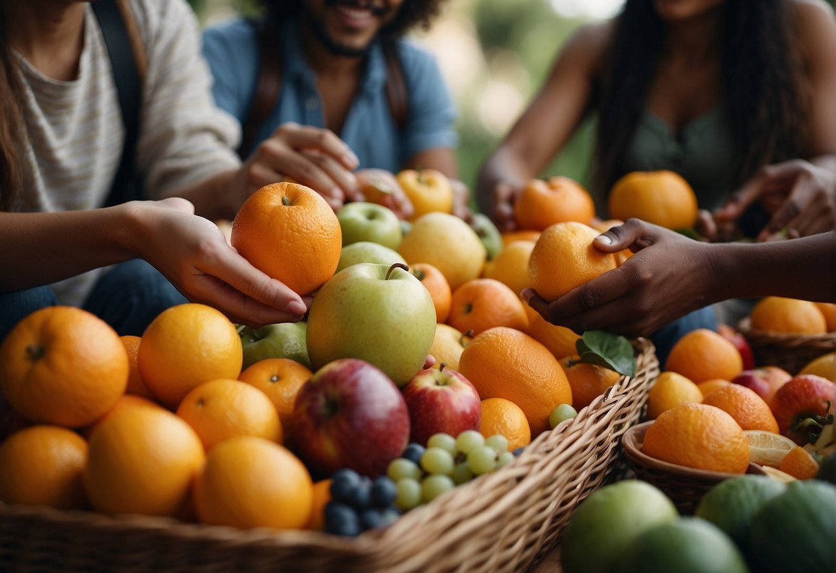 A diverse group of people gathering, sharing and enjoying a variety of fruits, including oranges and apples, symbolizing the blending of different cultures and social aspects