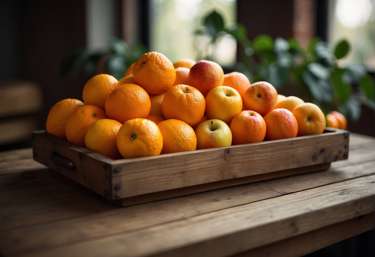 A pile of oranges and apples mixed together on a wooden table