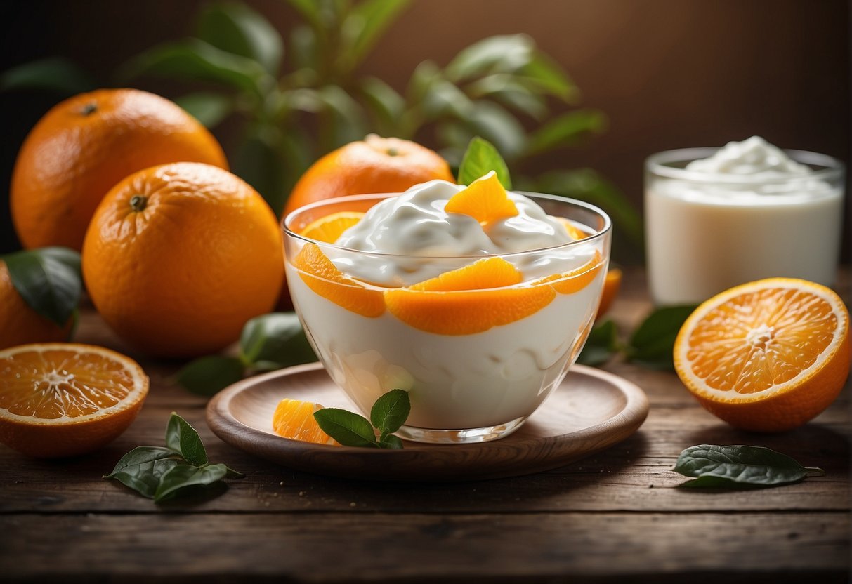 Oranges and yogurt mixing in a bowl, surrounded by nutritional information and health benefits