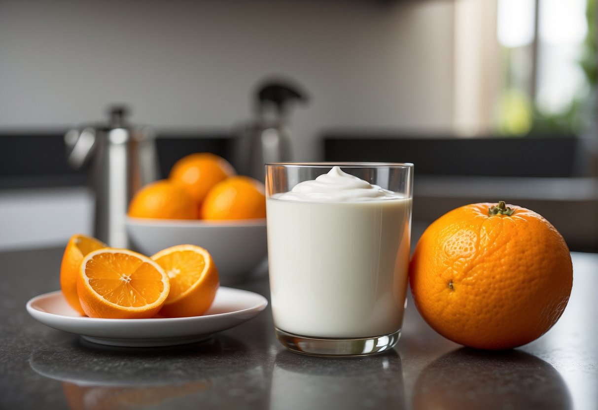 An orange and a container of yogurt placed side by side on a clean, modern kitchen countertop