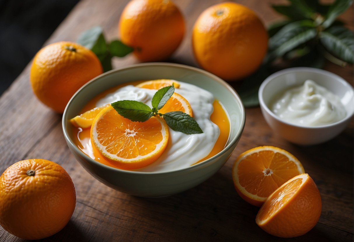 Oranges and yogurt mix in a bowl, surrounded by friends sharing and enjoying the combination