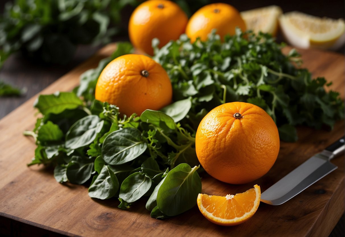 Oranges and greens arranged on a cutting board, with a knife slicing through the fruit and a bowl of mixed greens nearby