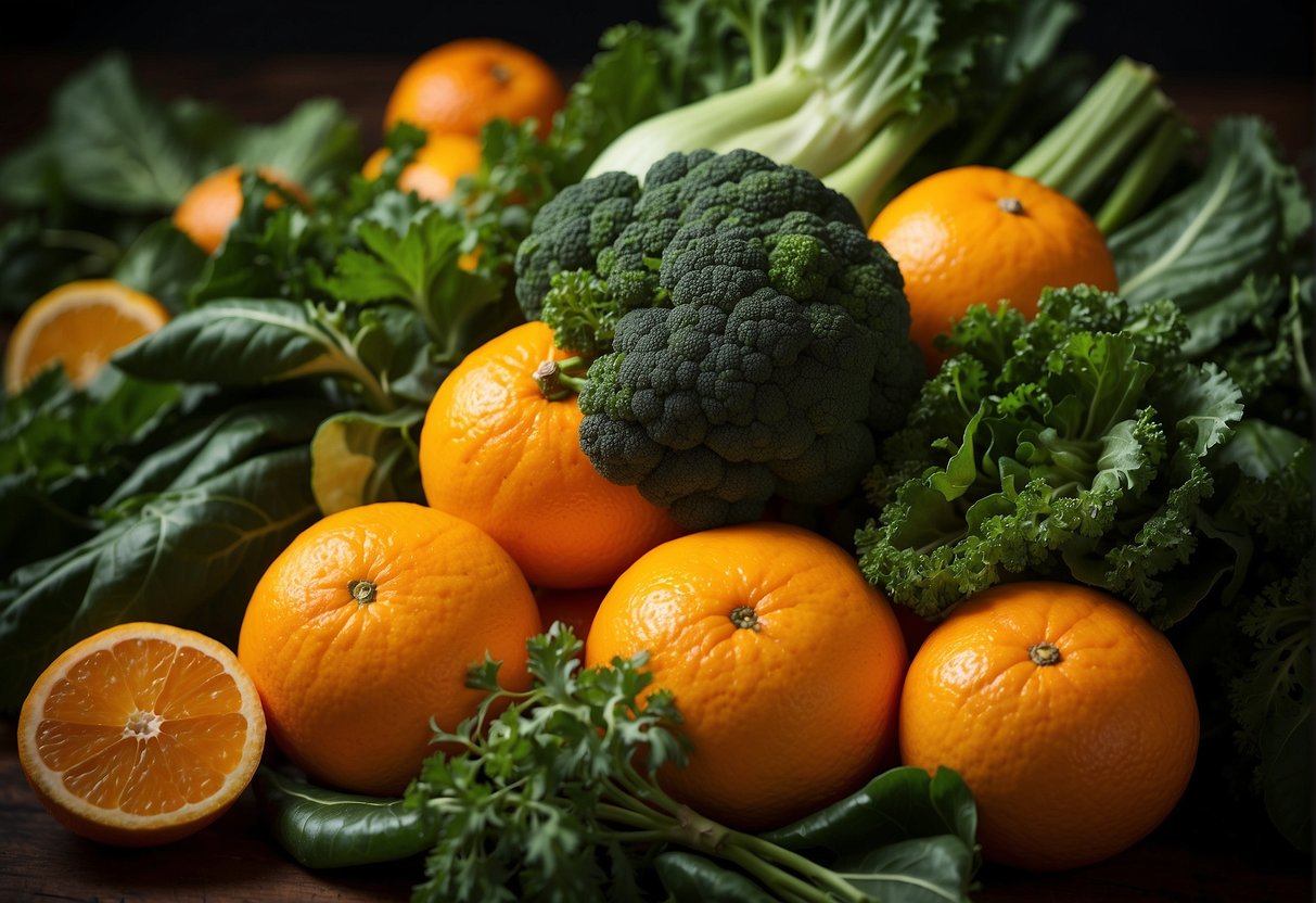 Oranges and green vegetables arranged in a vibrant display, with slices of oranges nestled among a variety of leafy greens and other vegetables