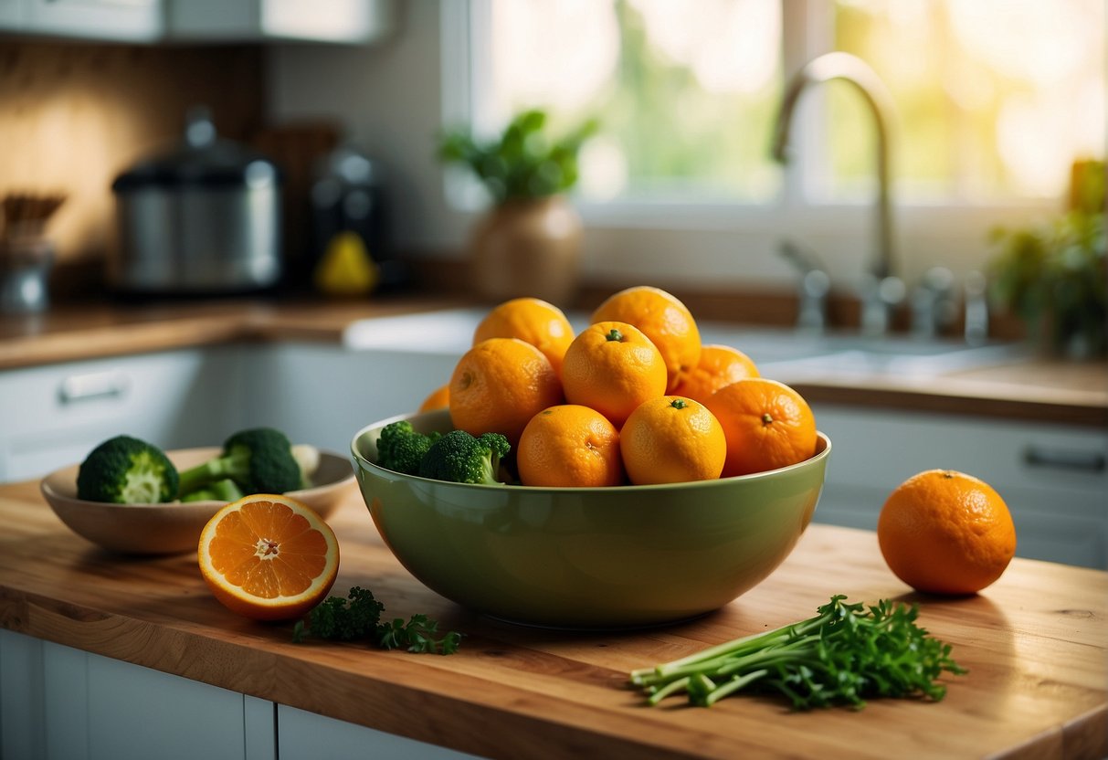 Oranges and green vegetables are shown on a kitchen counter, with a question mark above them. A mixing bowl and a cutting board are nearby