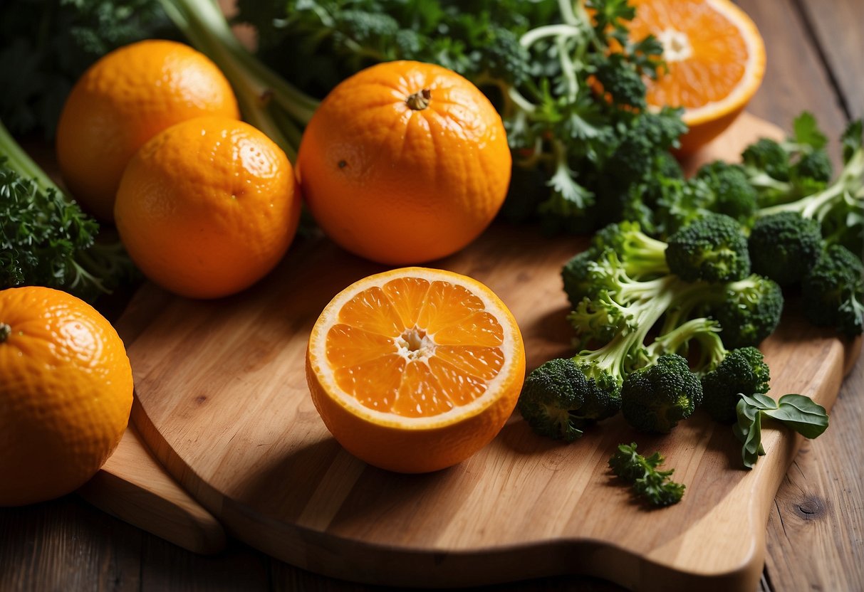 Oranges and green vegetables arranged on a wooden cutting board. Aesthetic appeal and taste in food pairing
