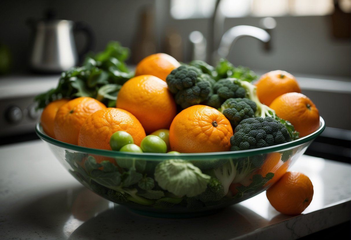Oranges and green vegetables mixed in a bowl on a kitchen counter