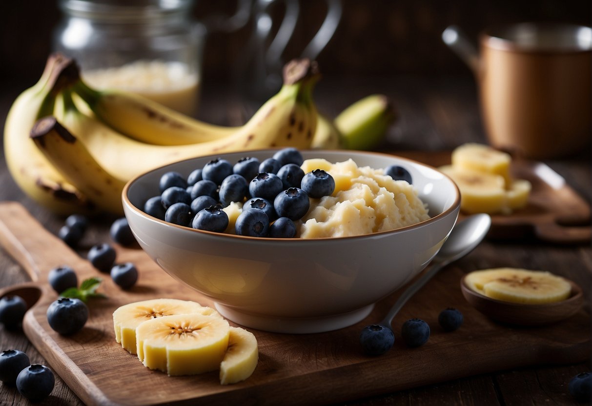 A bowl of mashed bananas with scattered blueberries on top, surrounded by ingredients and kitchen utensils