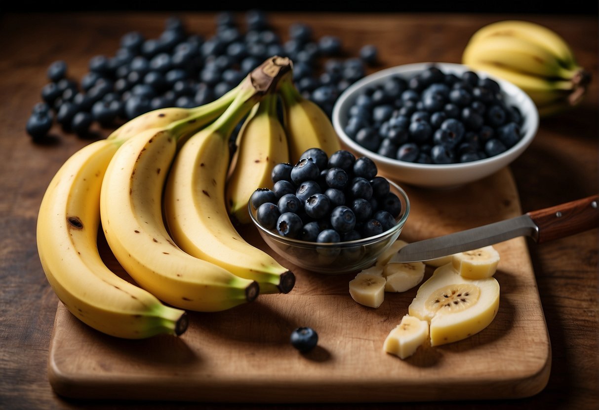 Bananas and blueberries arranged on a cutting board, with a knife slicing the bananas and a bowl ready to mix them together