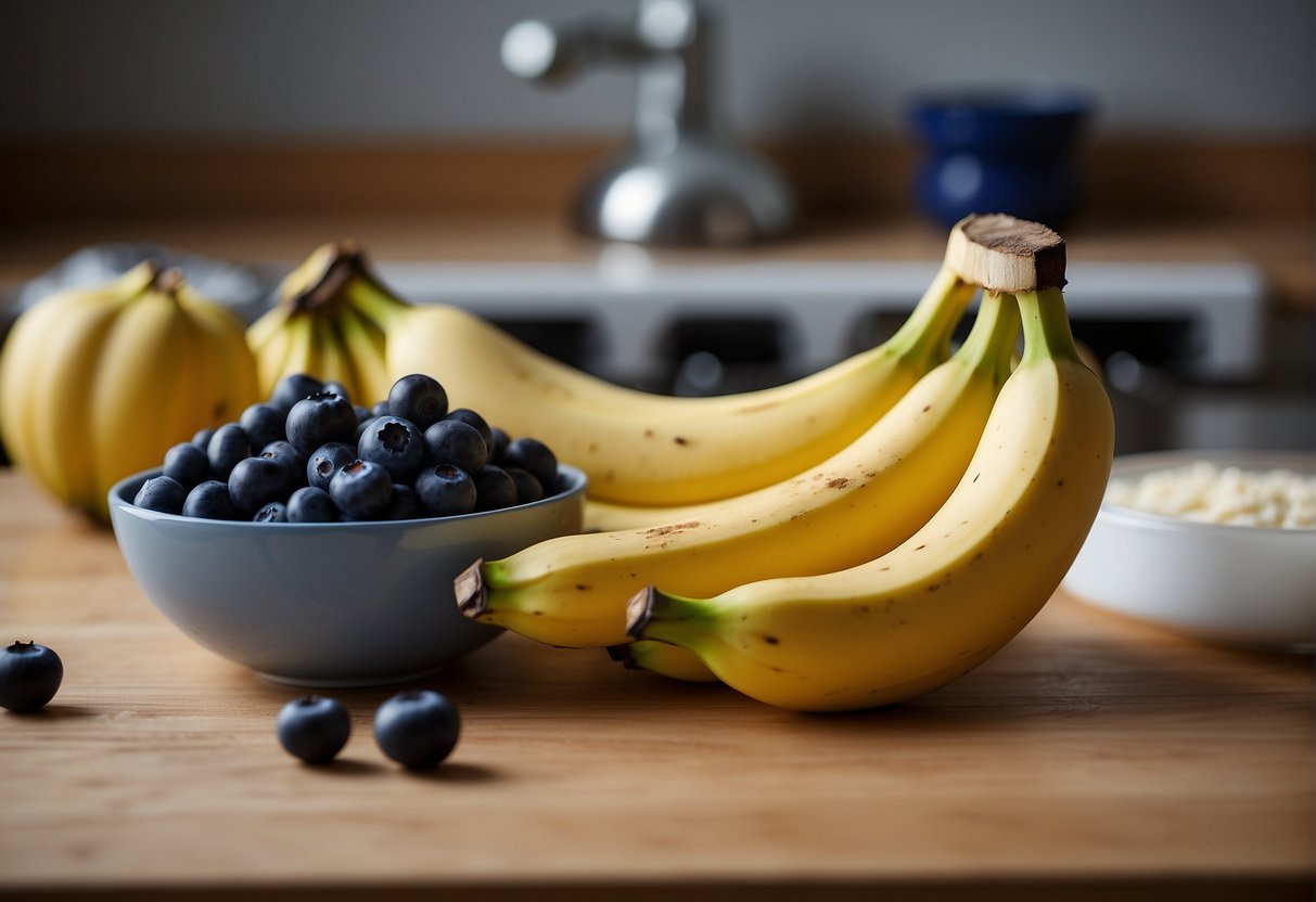 Banana and blueberries sit on a kitchen counter, with a mixing bowl and spoon nearby