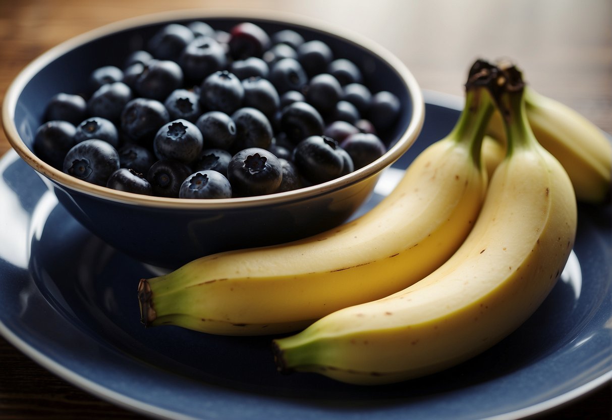 Bananas and blueberries in a bowl, with a mixing spoon nearby