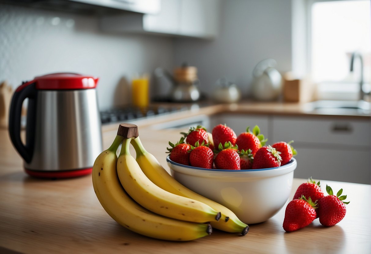 Mixing bowl with bananas and strawberries, a whisk, and a measuring cup on a countertop. A preheated oven in the background