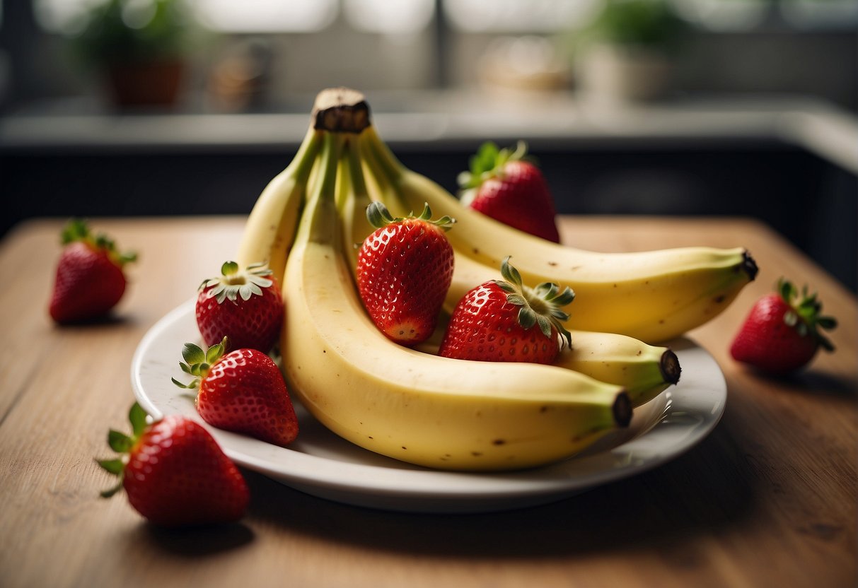 Bananas and strawberries are being mixed together in a bowl