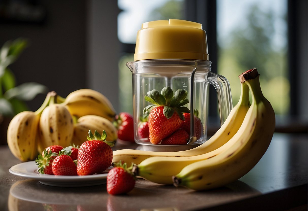 Banana and strawberry being mixed in a blender