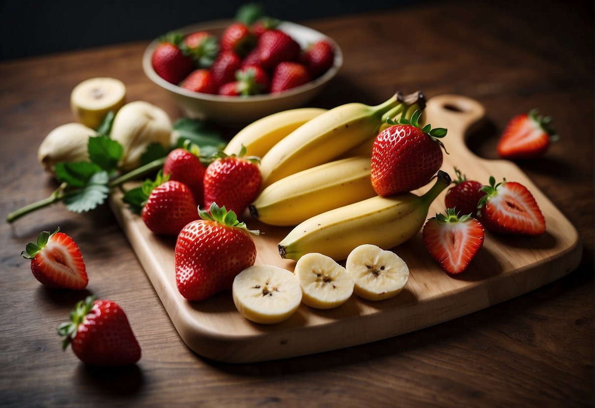 Bananas and strawberries on a cutting board, knife nearby
