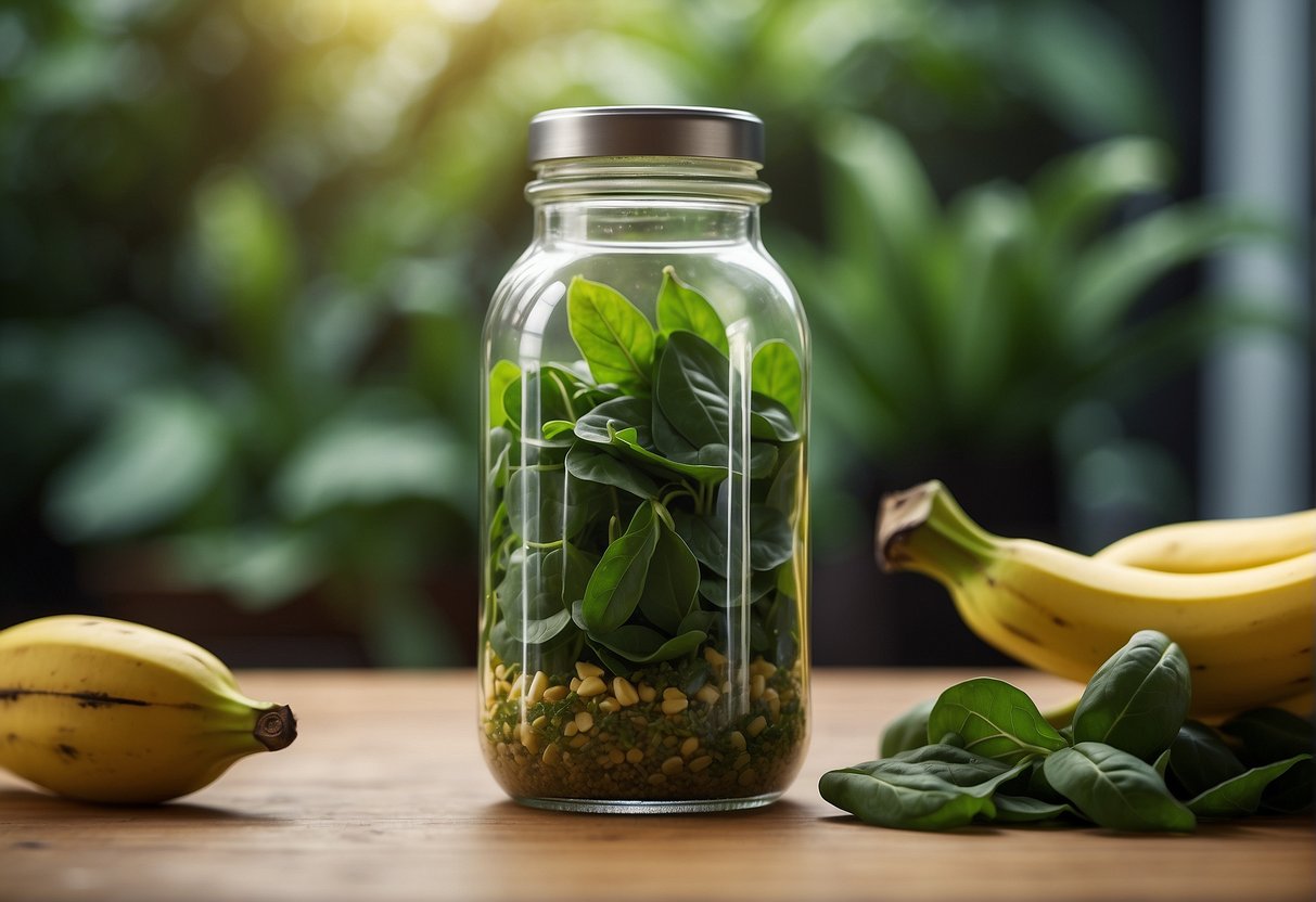 A ripe banana and fresh spinach leaves are being blended together in a glass jar
