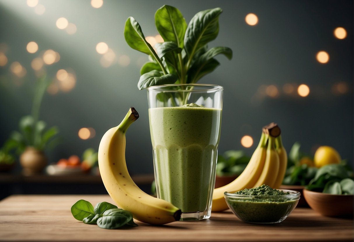 Banana and spinach in blender, swirling together smoothly. Text: "Tips for Perfect Smoothie Texture Can you mix banana and spinach?"