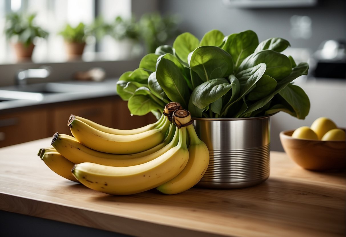 A bunch of ripe bananas and fresh spinach leaves arranged on a kitchen counter, with a mixing bowl and spoon nearby