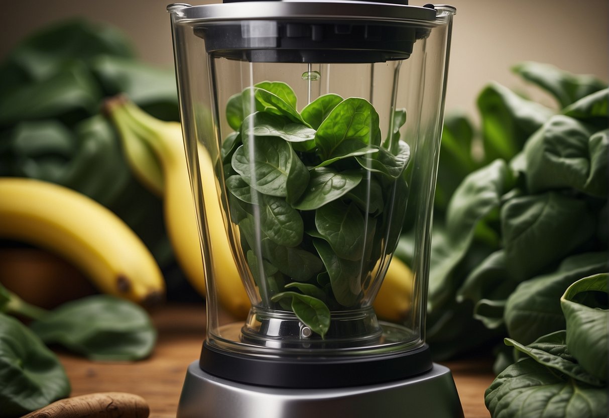 A ripe banana and fresh spinach leaves are being mixed together in a blender