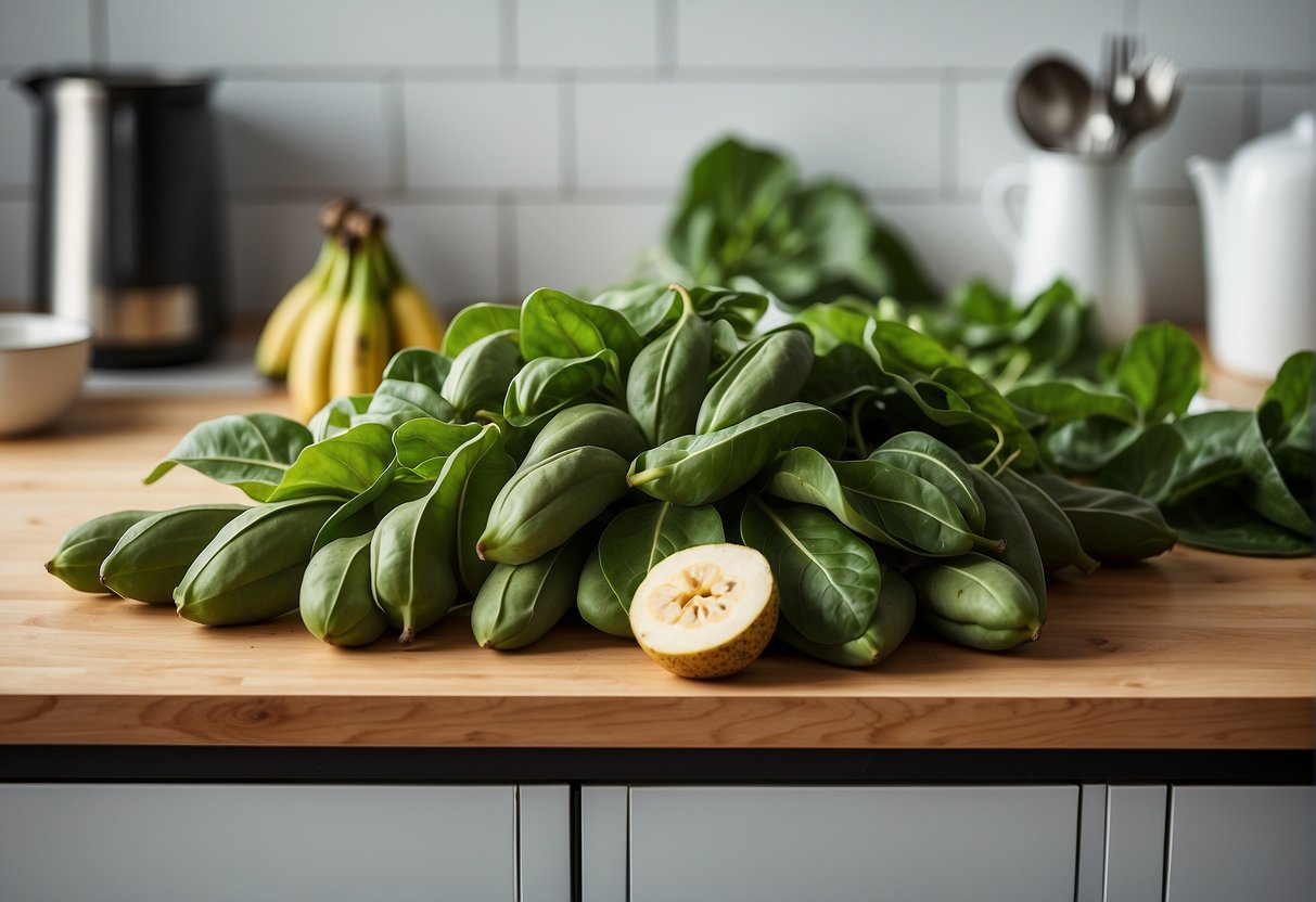 A bunch of ripe bananas and fresh spinach leaves arranged together on a kitchen countertop