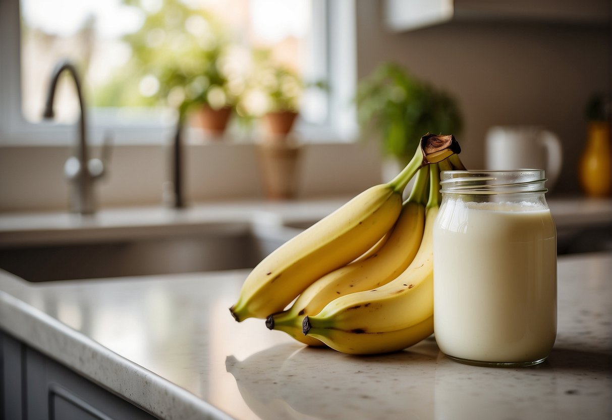 A ripe banana and a carton of almond milk sit on a kitchen counter, ready to be combined for a creamy and nutritious smoothie
