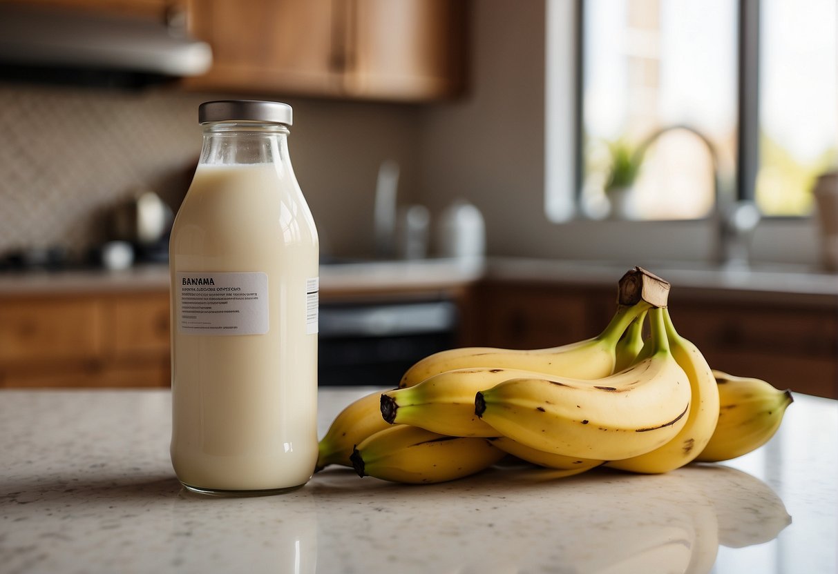 A banana and a carton of almond milk sit side by side on a kitchen countertop, with a nutrition label and dietary information displayed prominently