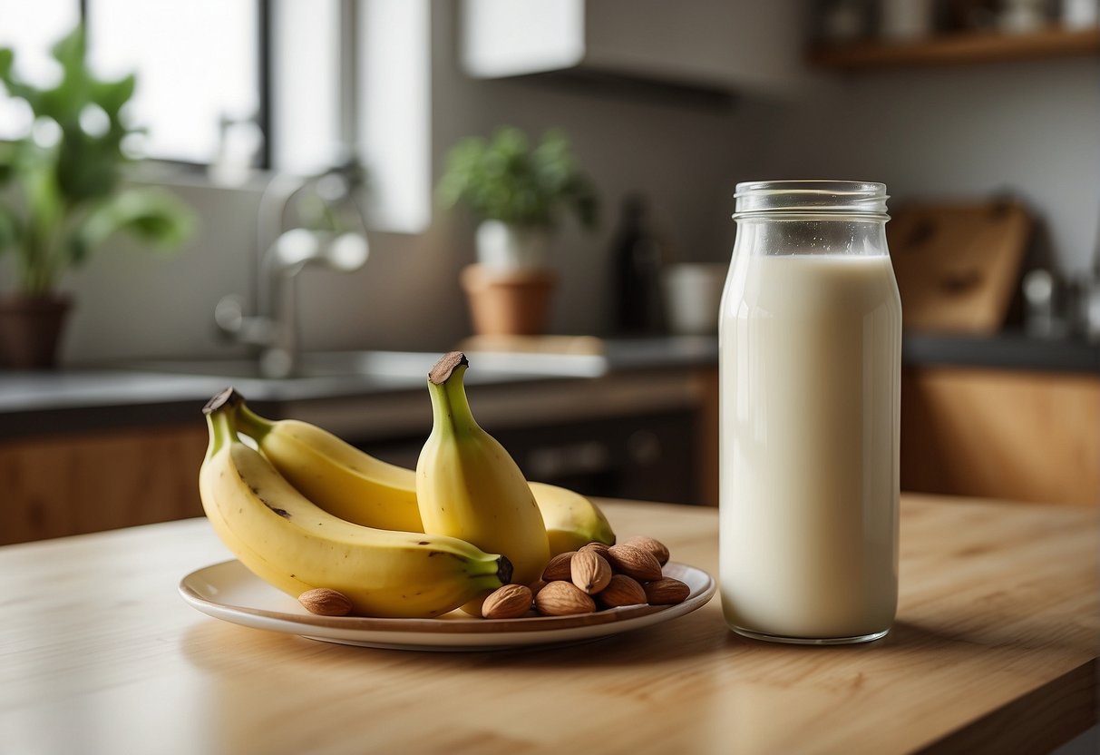 A ripe banana and a carton of almond milk sit on a kitchen counter, ready to be blended together. A glass storage container is nearby, waiting to hold the mixture